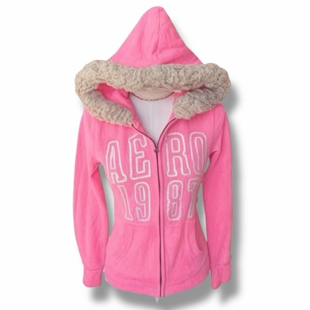 Vintage Aeropostale Pink Sequin Fur Hood Hoodie